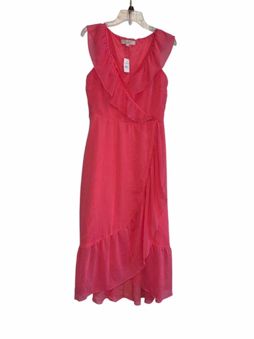 LOFT Coral-Pink Ruffle Wrap Midi Dress size 4 nwt
